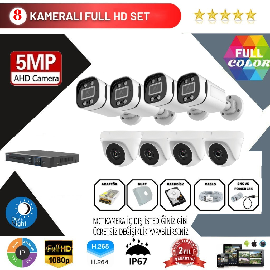 8 Kameralı 5MP Kurulum Dahil
