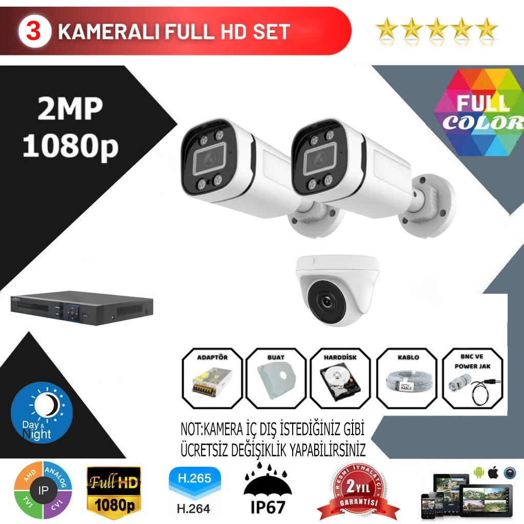 3 Kameralı 2MP Kamera Seti